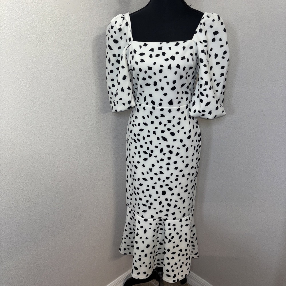 True Violet Midi Dress Women's 10 White & Black Puff Sleeve Square‎ Neck Party